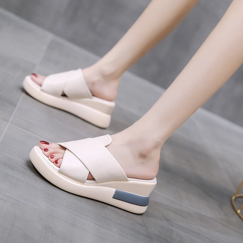 Women's Wedge Slippers Summer 2022 New Casual Open Toe Platform Slides Women's Roman Sponge Cake Cross Large Size Slippers New