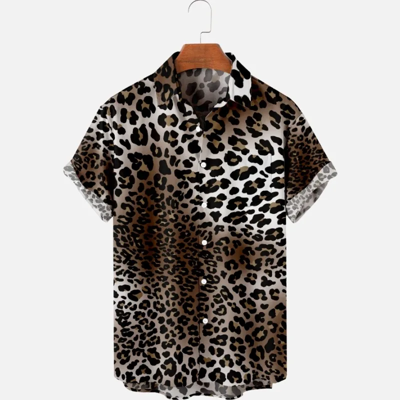 

A606 Men's Shirt 3D Leopard Print Short Sleeve Shirt Daily Blouse Cloths