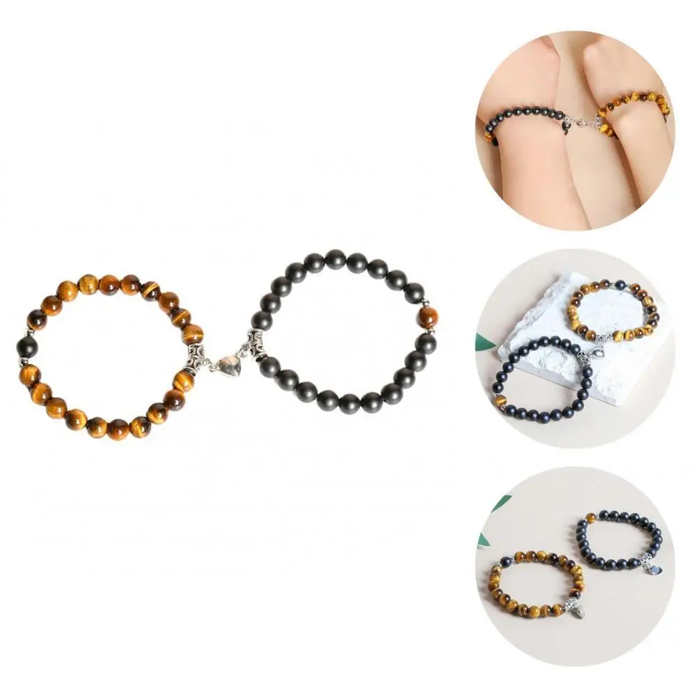 

2Pcs Round Bead Meaningful Lightweight Tiger Eye Stone Magnetic Couple Bracelet Bead Lover Bracelet for Gifts