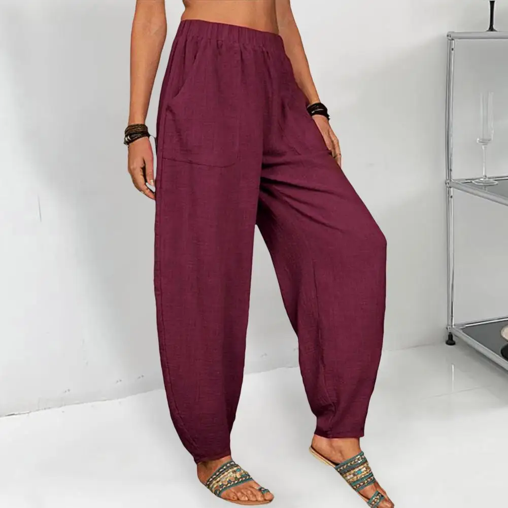 

High Waist Long Pants Stylish Women's Streetwear Wide Leg Harem Trousers with Elastic Waistband Pockets High Waist Design Solid