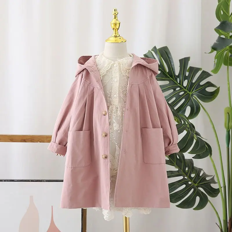 

4-11Y Children Trench Coat Autumn Boys Girls Jacket Long Single Breasted Hooded Loose Casual Kids Windbreaker Clothes Hw69