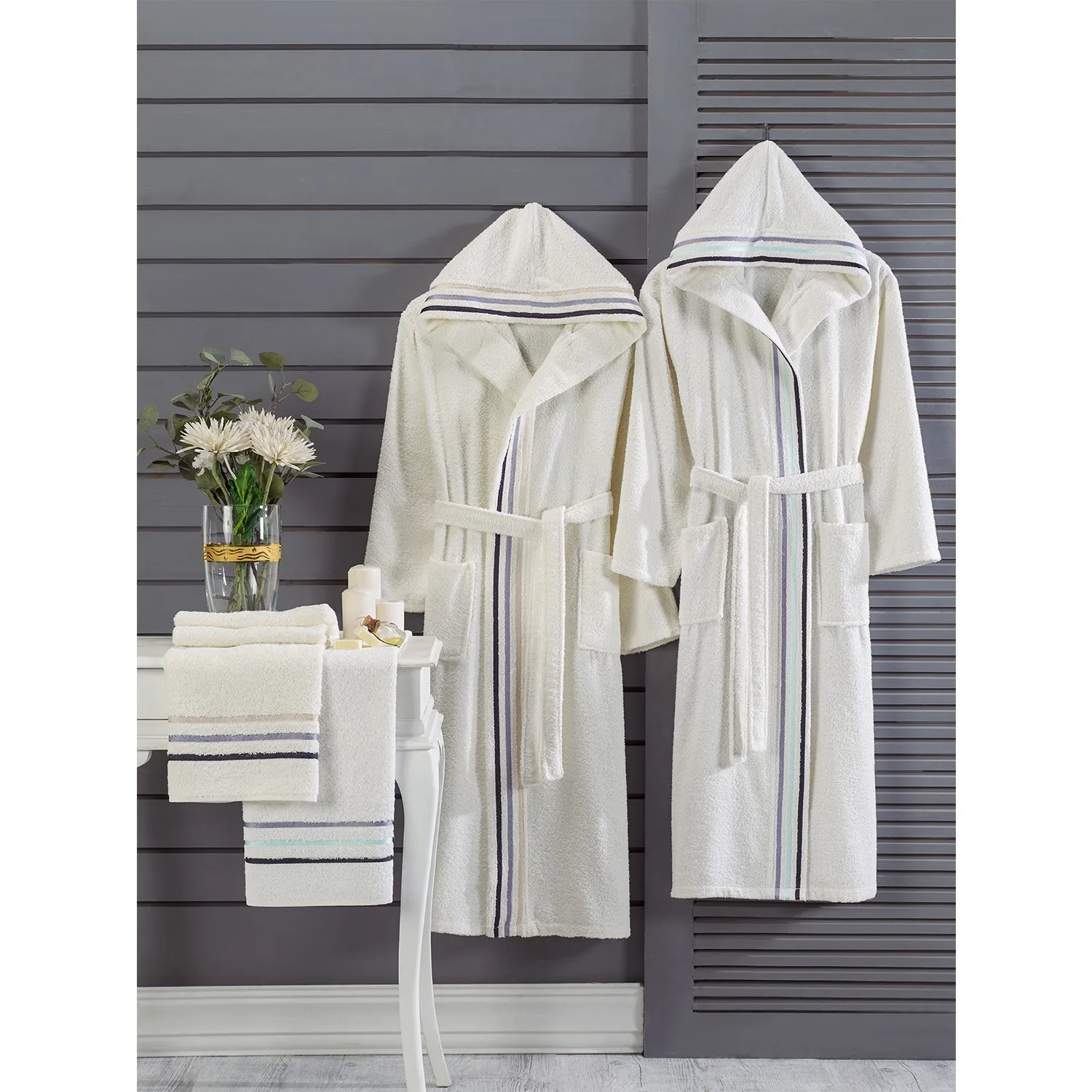 Özenev Hooded 4 Piece Family Bath Robe Set Cotton Striped Groined Soft Luxury Anthracite Water Green Live Luminous Fabric
