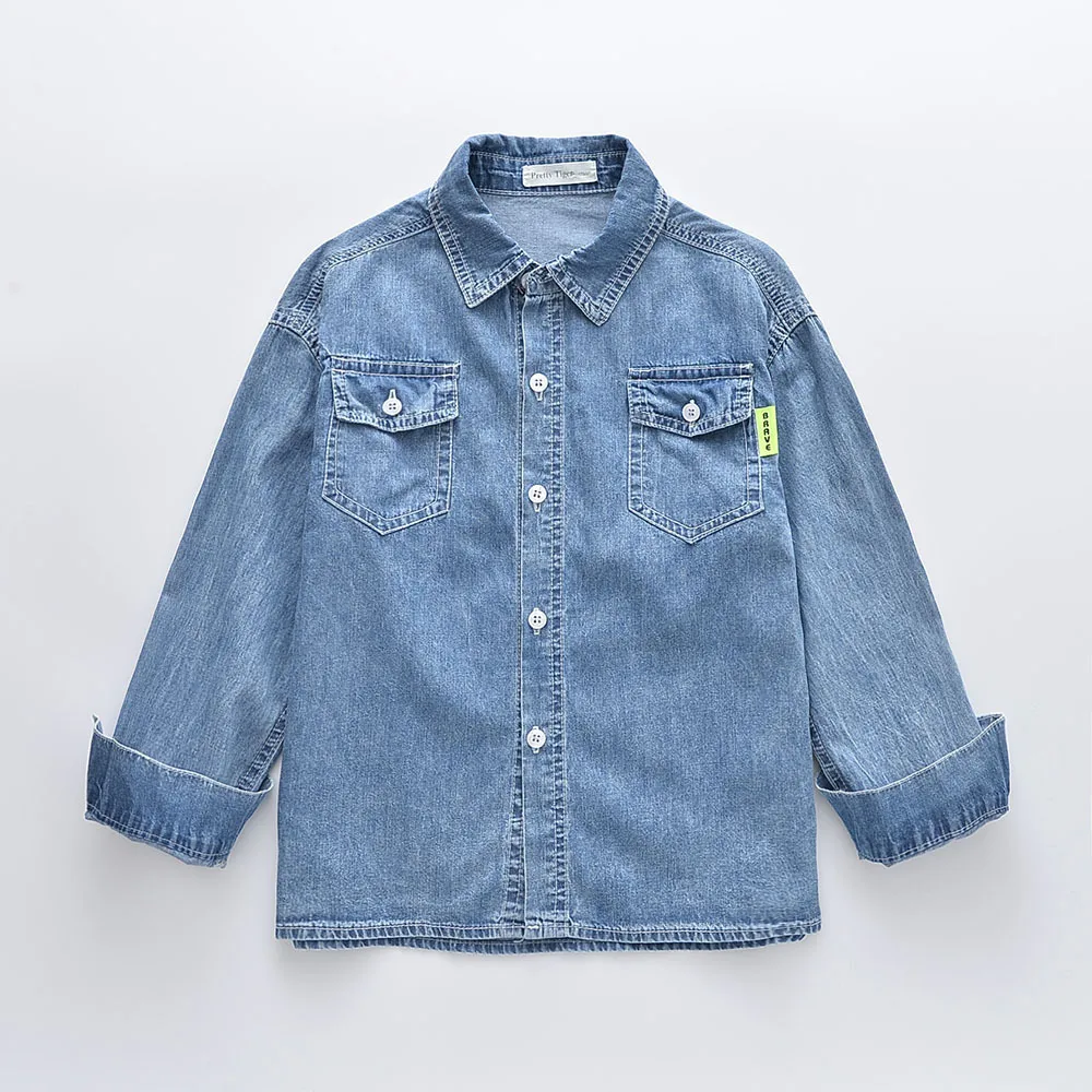 

Джинсовая рубашка для мальчиков 12 лет, хлопковая блузка с отложным воротником, с длинным рукавом, для подростков, одежда из денима, весна