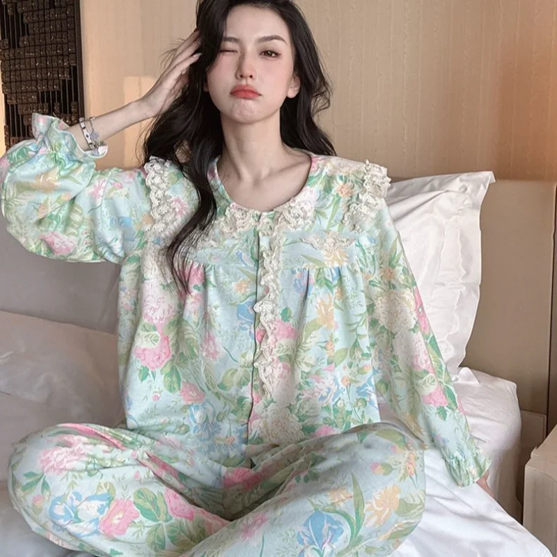 

2pcs Palace Style Pajamas for Women Lace Printing Ruffles Long Sleeve Button Top Trousers Sleepwear Women's Pijama Sexy Mujer