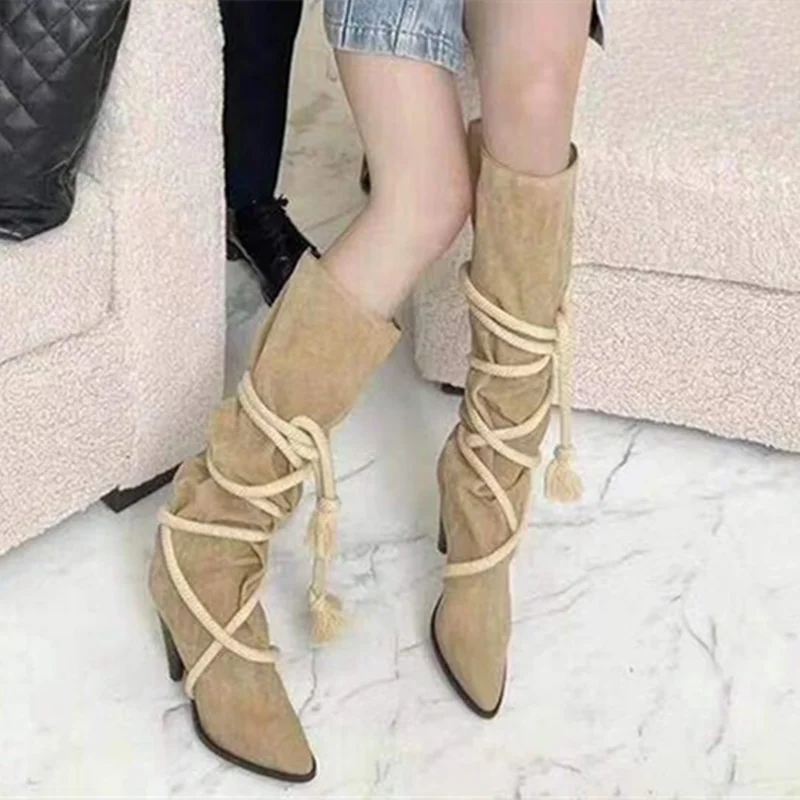 Soft Suede Leather Short Boots Autumn Winter Daily Shoes Spike High Heel Women's Knee high Boots Cross Rope