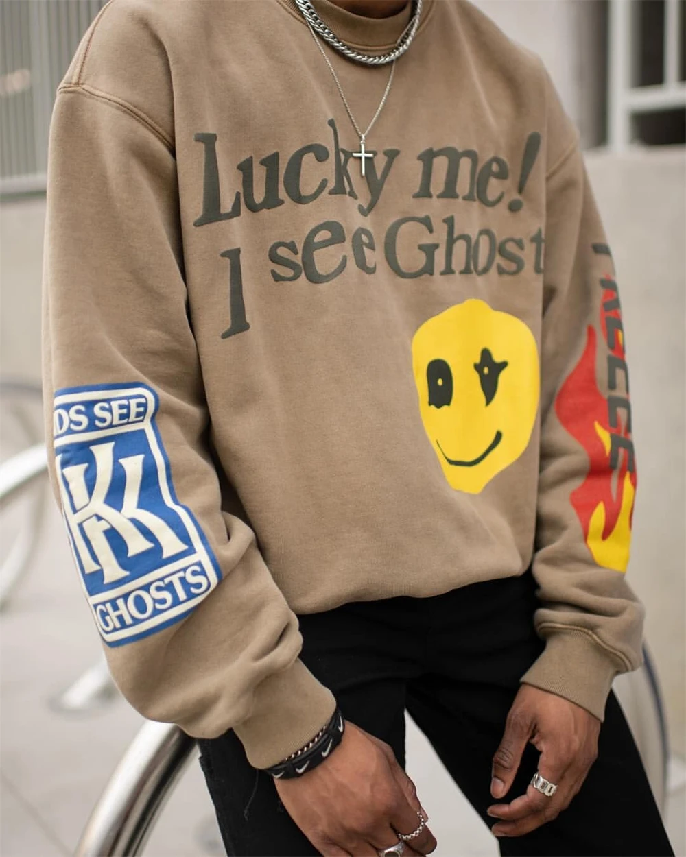 

CPFM KANYE smiley face graffiti print round neck sweater High street American fashion casual loose oversized men's hoodie coat