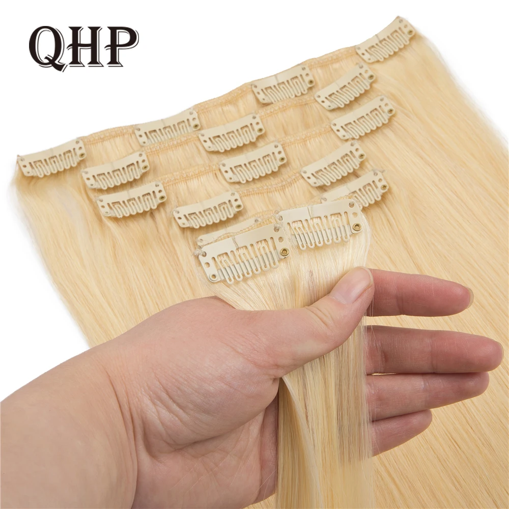 

QHP Straight Clip In Hair Extensions Human Hair Full Head 7PC/Set 100% Natural Brazilian Remy Hair Extension 12-26inch 70-120g