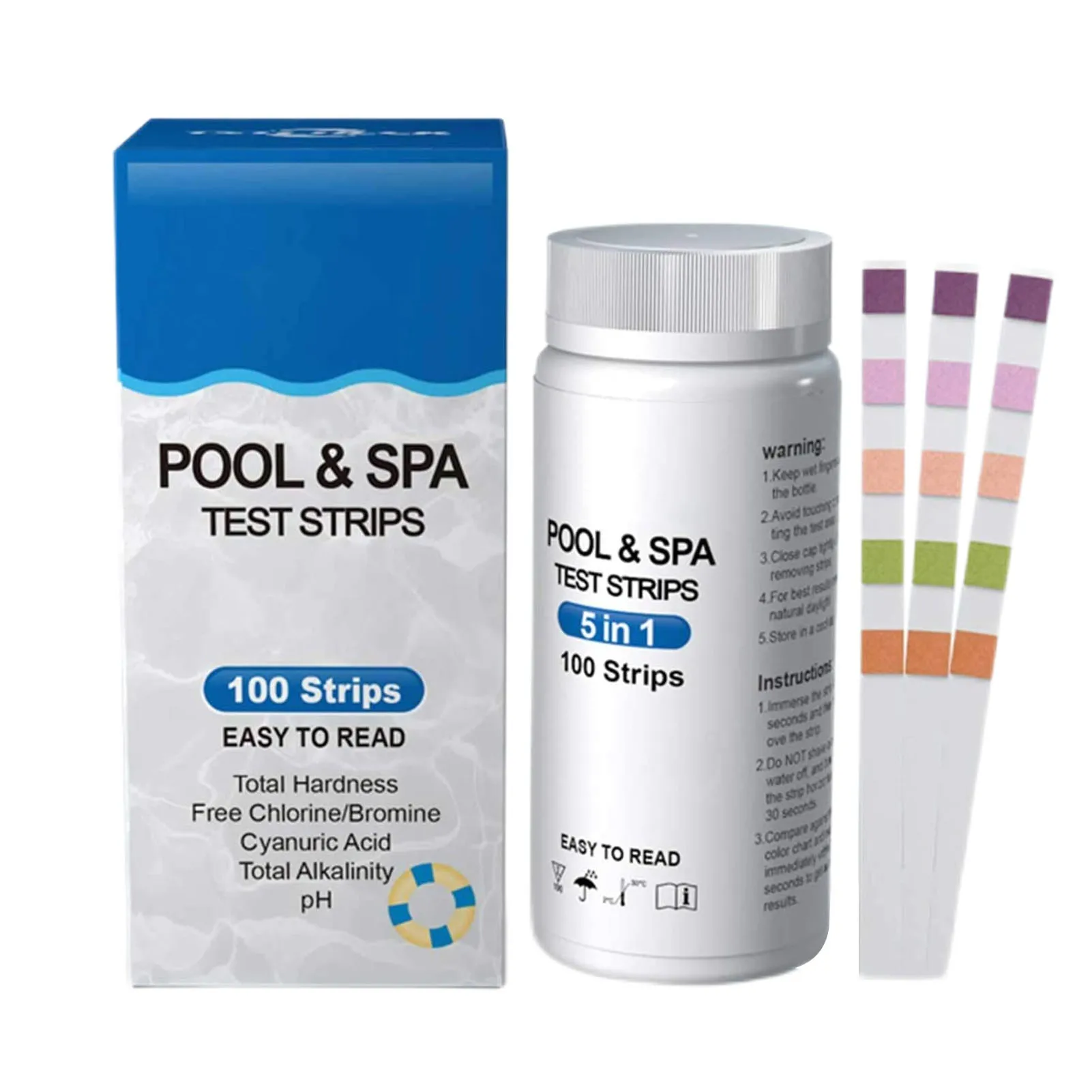 

100pcs Multipurpose 5 in 1 PH Test Strips Pool and Spa water Tester Paper for Free Chlorine Free Bromine pH Total Alkali Hardnes