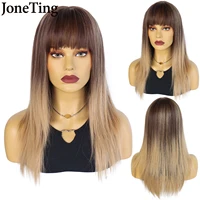 jt synthetic 24inch long natural straight wig with bangs ombre gray color bob wig heat resistant fiber hair for women brazilian