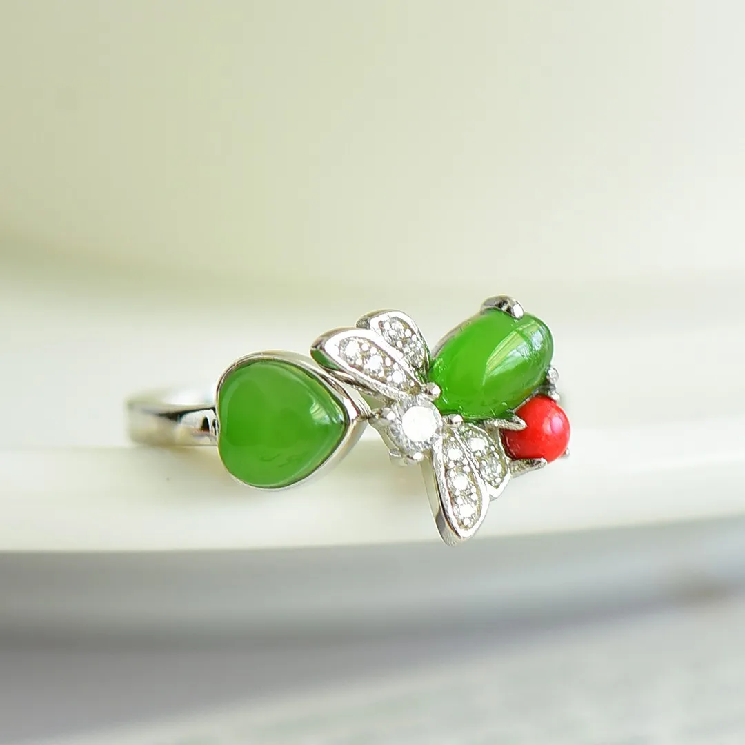

Women Green Jade Ring 925 Sterling Silver With Zircon Butterfly Rings Adjustable Hetian Nephrite Jasper Band Girlfriend Mom Gift
