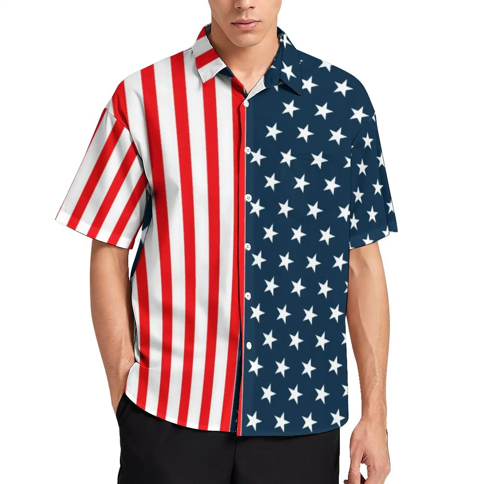 

Star And Stripes Blouses American Patriotic Flag Red Stars Casual Shirts Hawaiian Short-Sleeve Design Stylish Vacation Shirt