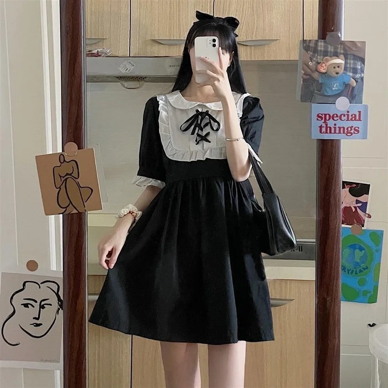 HOUZHOU Kawaii Lolita Платье женское Бандажное лоскутное платье горничной воротник Питер