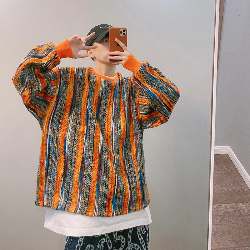 

Autumn National Fashion High Street New Lazy Ruffle Handsome Mixed Color Woven Cover Couple Sweater Men hoodies