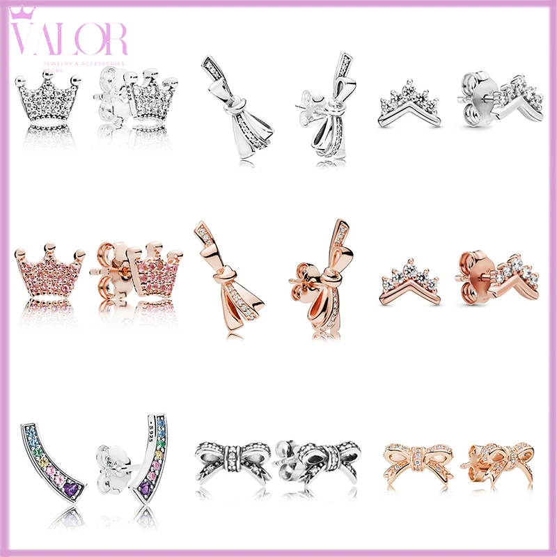 

New In European And American 925 Silver Magnolia Crystal Crown Bow Tie Studs Fresh Temperament Earrings For Women