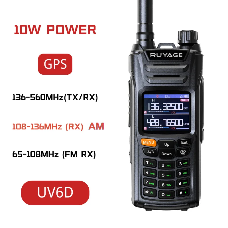 

Ruyage UV6D GPS 6 Bands Amateur Ham Two Way Radio 999CH Air Band Walkie Talkie VOX DTMF SOS LCD Color Police Scanner Aviation