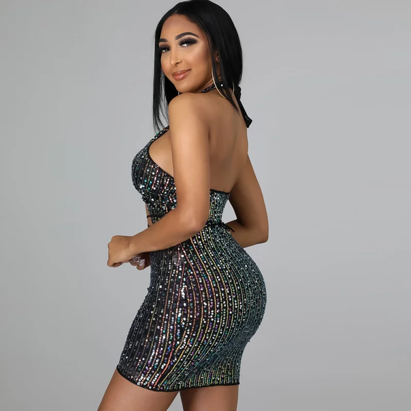 

Новое шикарное короткое вечернее платье с лямкой на шее с вырезами и блестками, женские вечерние платья с блестками