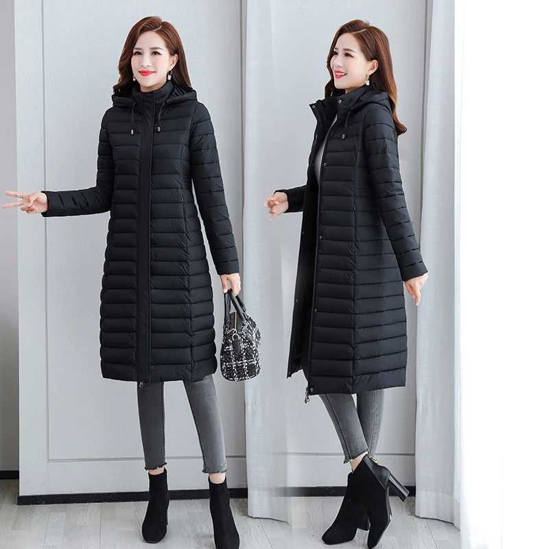 2022 Women's Winter X-long Coat Hooded Casual Zipper Female Jacket Winter Solid Color Stand Collar Thick Cotton Woman Parkas
