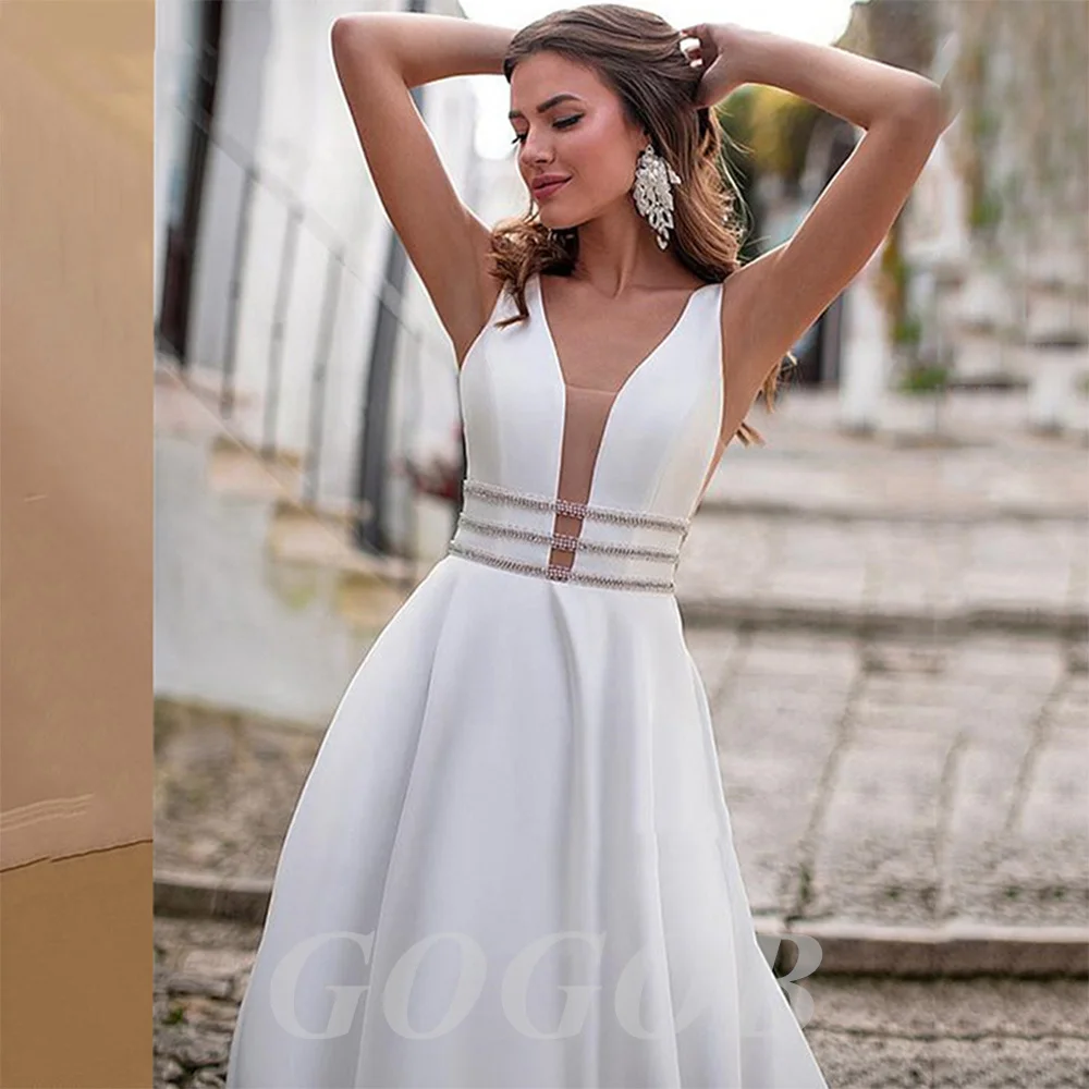 

GOGOB Vintage Satin R193 Wedding Gowns With Beadings Waistline Backless Button Sweep Train Bride Dresses Robe De Mariée