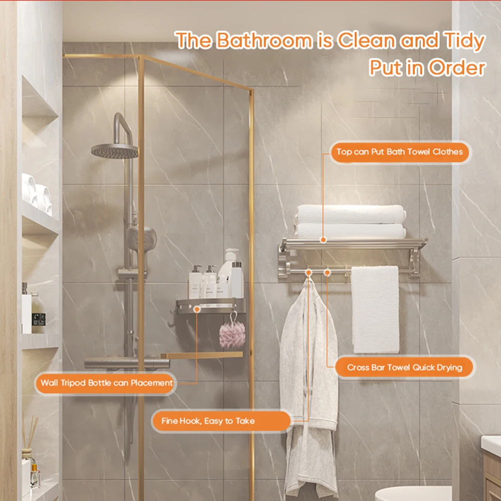 

Bathroom Shelfs Bath Towel Storage Towels Hanger Aluminum Shower-gel Shampoo Bath Towel Holder Rack Wall No-drilling Foldable