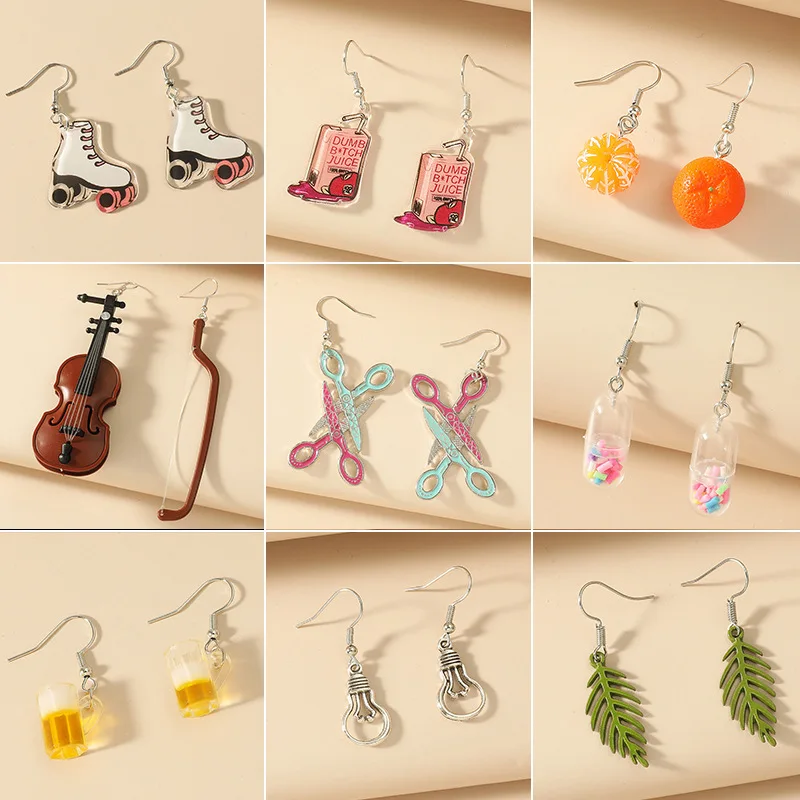 

Simple and Interesting Dangle Earrings Creative Trendy Acrylic Earrings Leaf Fruit Pendant Earhook Jewelry for Women Girls