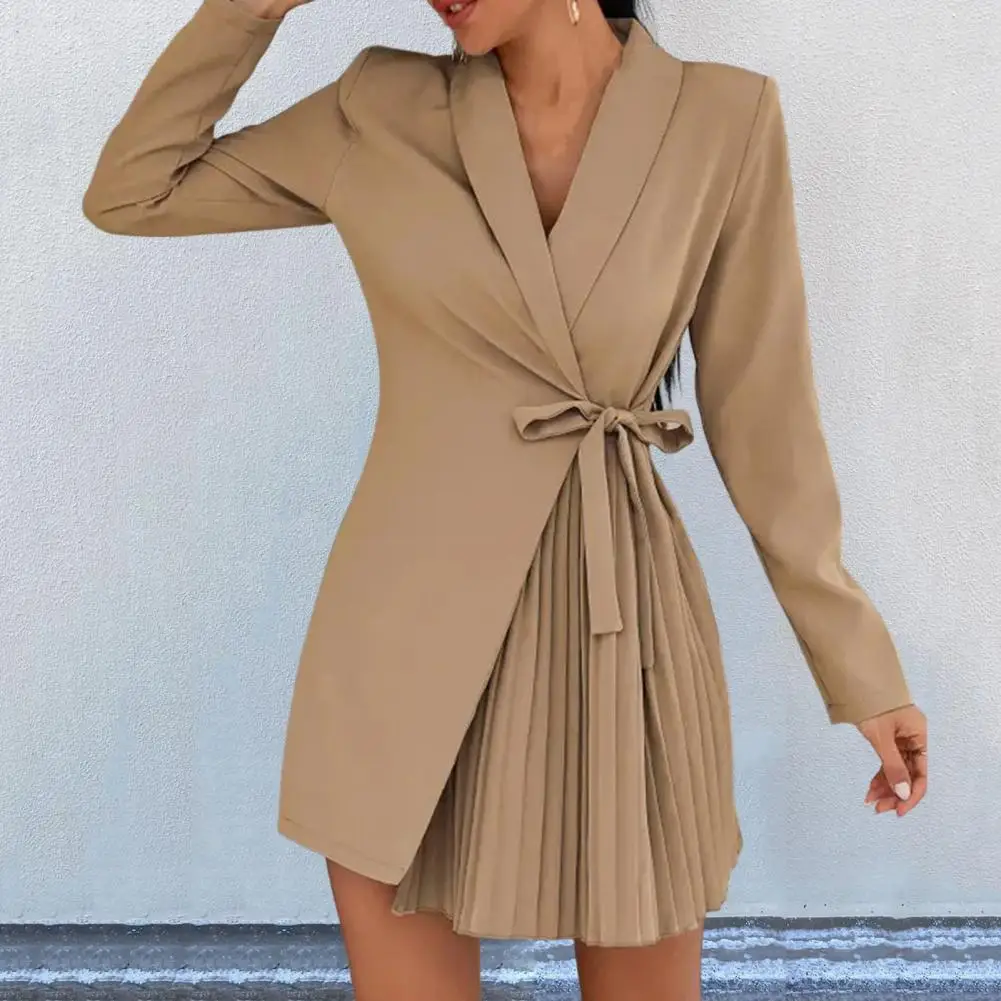 

Autumn Dress High-Waist Suit Dress Solid Color Waist Tied Slim Blazer Dress