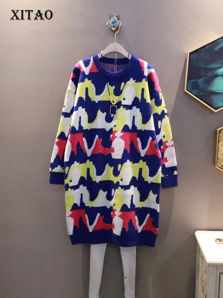 

XITAO Knitting Dresses O-neck Pullover Abstract Pattern Korea Casual Loose Elegant Show Thinness 2022 Winter New Arrival FBB1289