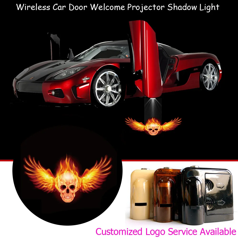 

2pcs Flaming Skull Angel Wings Logo LED Wireless Laser Projector Car Door Step Courtesy Puddle Welcome Lights Ghost Shadow