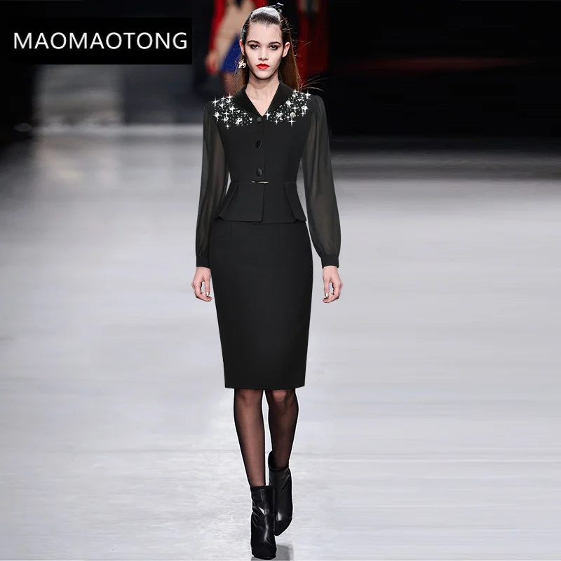 

Fashion Runway Summer Balck Pencil Dress Women Long sleeve Beading Single-breasted Office Lady Slim Knee Dress