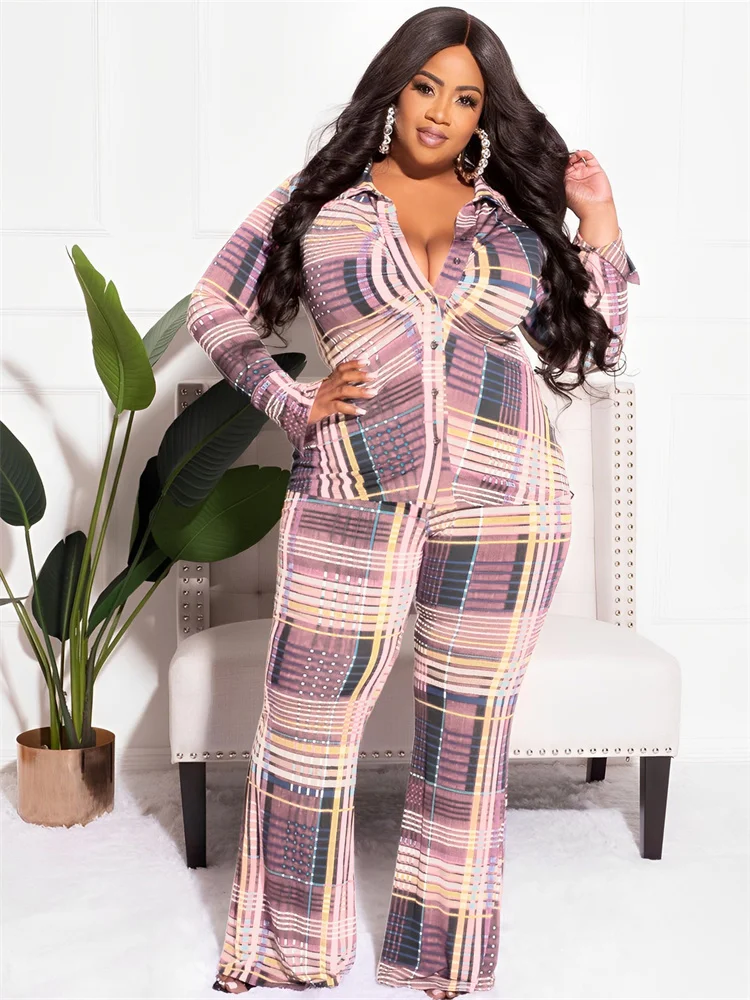 Plus Size Two Piece Set Women Plaid Shirts Tops Pants Bodycon Stretch Fall Fashion Matching Suit Whole 3xl 4xl 5xl 6xl