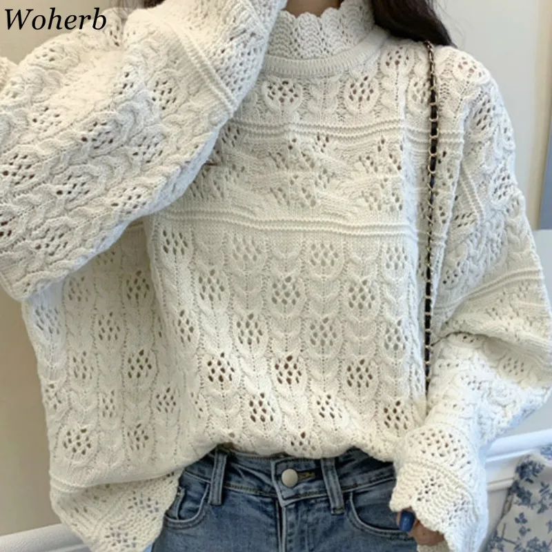 Свитер Женский вязаный Woherb с воротником-хомутом свободный винтажный 4e995 2021 |