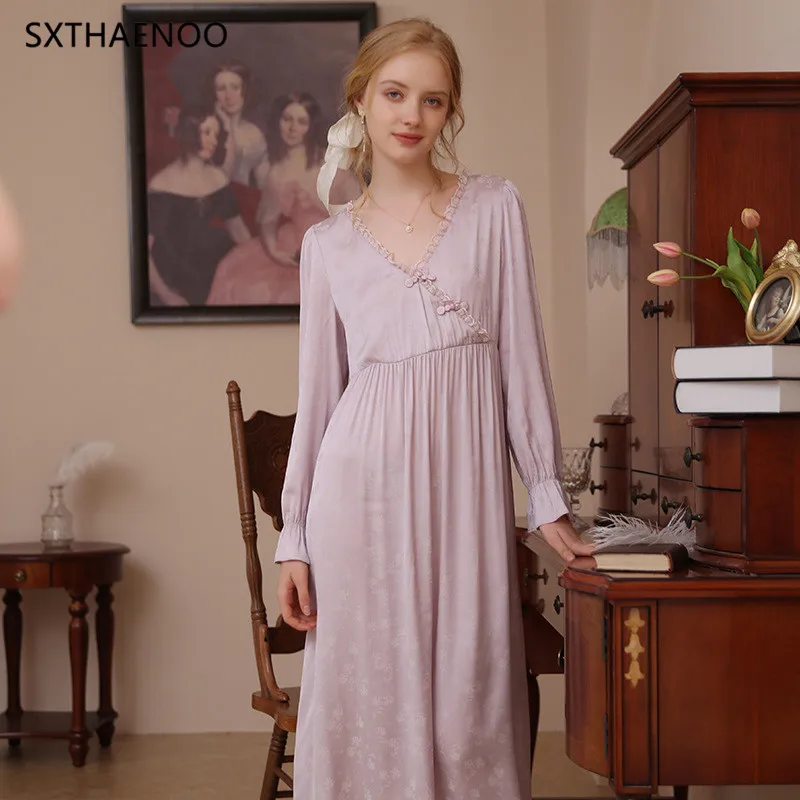 SXTHAENOO Princess Vintage Lace Nightgowns Autumn Ice Silk filigree V-neck Sleeve Nightdress Women Sweet Long Nightie Sleepwear
