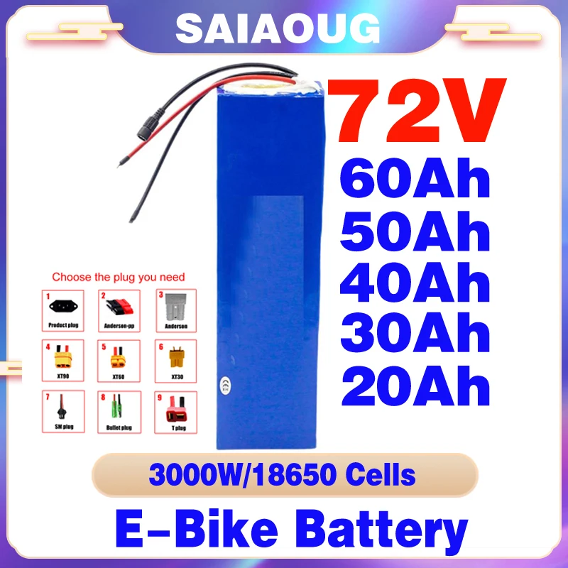 

72V 20Ah 30Ah 40Ah 50Ah 60Ah Battery Pack 3000W High Power 84V Electric Bike Motor Electric Scooter Ebike Battery with BMS