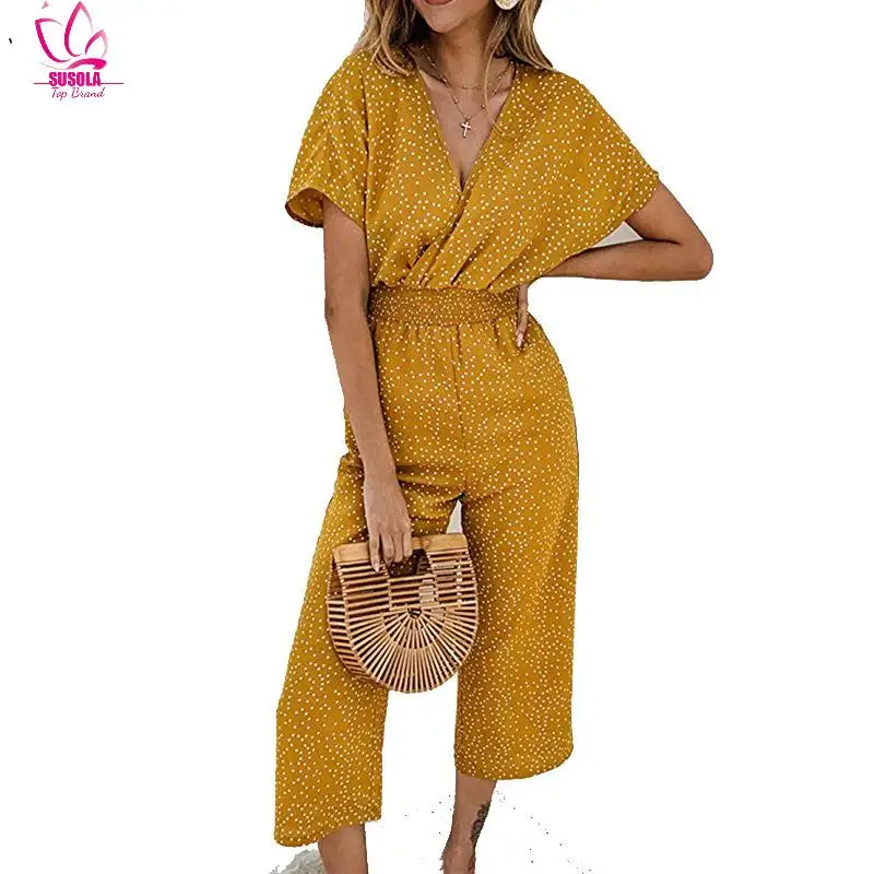 

Women Jumpsuits Rompers Summer Casual Print V-neck Pocket Overalls Jumpsuit Short Sleeve Wide Leg Loose Jumpsuit