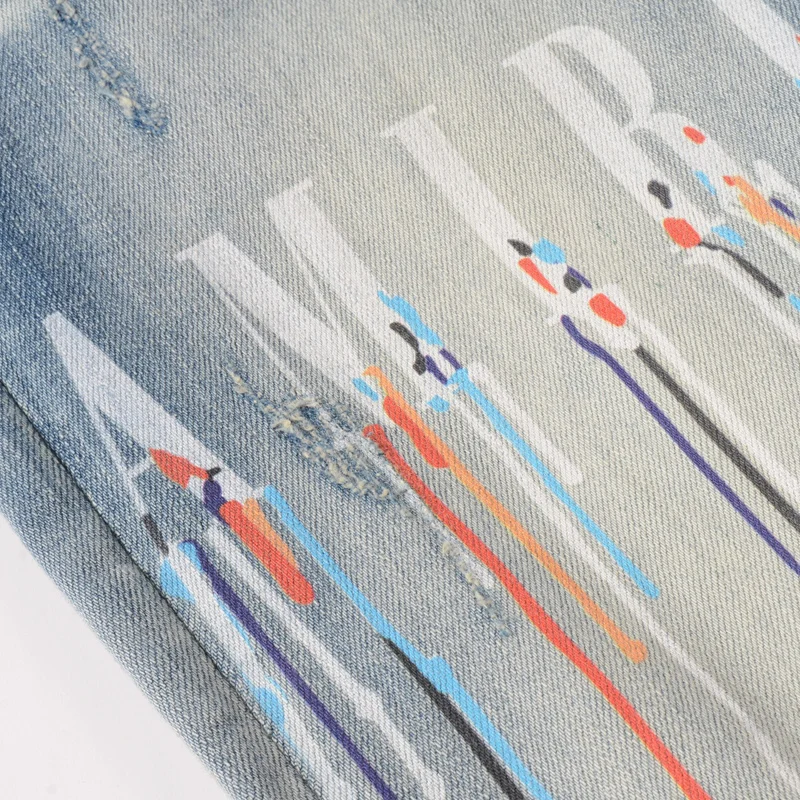 Fashion Designer Men Jeans Retro Light Blue Elastic Stretch Slim Ripped Jeans Men Streetwear Hip Hop Brand Printed Denim Pants