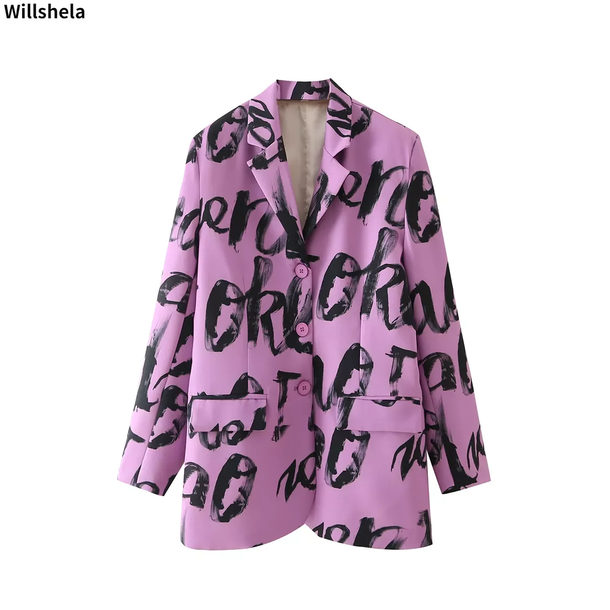

Willshela Women Fashion With Pockets Single Breasted Printed Blazer Notched Neck Long Sleeve Vintage Female Coats Chic Tops