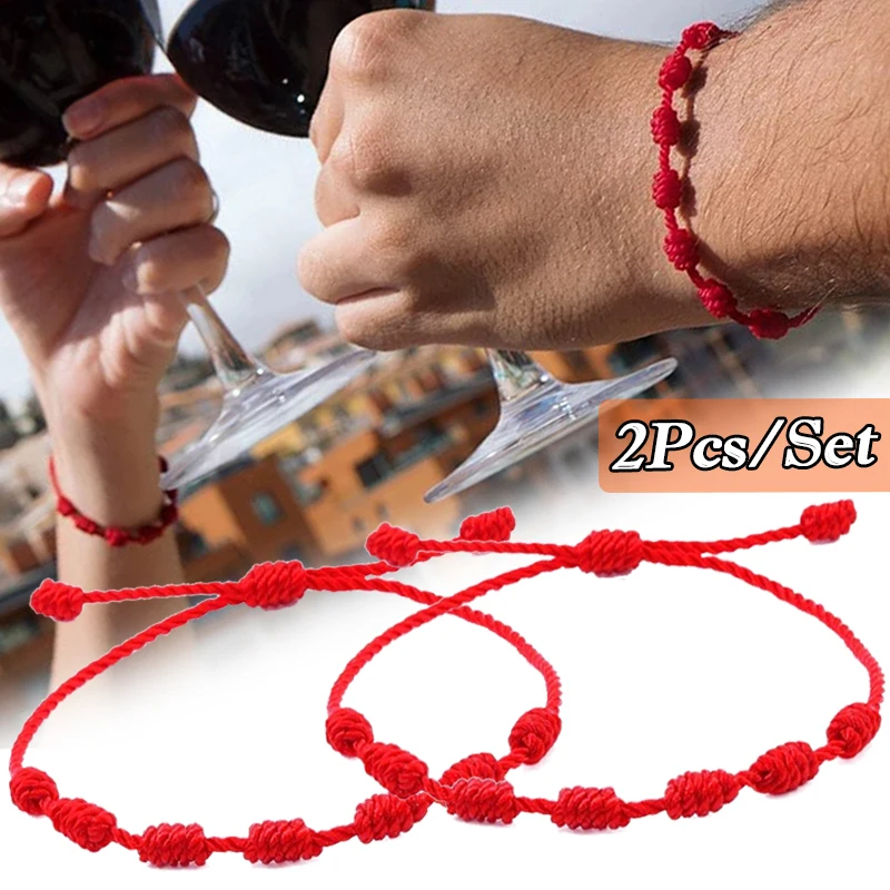 2Pcs/Set Fashion Handmade 7 Knots Red String Bracelet for Protection lucky Amulet and Friendship Braid Rope Wristband Jewelry