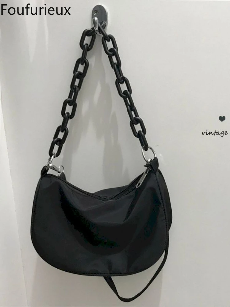 

Foufurieux 2022 New Nylon Bag Women Vintage Black Shoulder Bag Casual Girls Armpit Bag Solid Color Handbag Street Crossbody Bag
