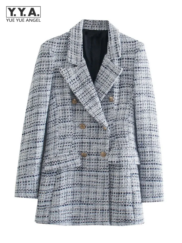 Office Ladies Plaid Blazer Elegant Double Breasted Suit Jacket Slim Fit Straight Knitted Spring Autumn Fashion Casual Outerwear