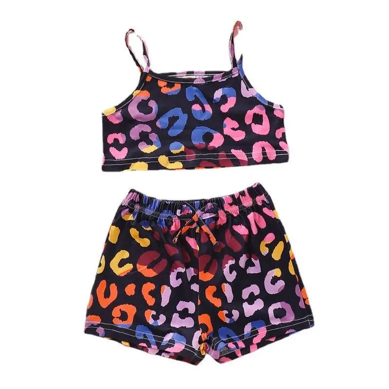 

Летние комплекты одежды для спортзала для маленьких девочек из 2 предметов, леопардовая майка без рукавов + спортивные шорты, штаны, детская ...