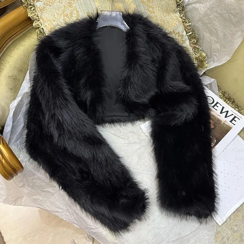Winter Luxury Artificial Fox Fur Grass Black Short Coat Cardigans Black Age Reducing Super Short Outwear Top 2022