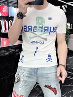 2022 Mens Short Sleeve T-Shirt Mens Trend Slim Skull Print Hot Diamond Ice Silk Tide Brand Mercerized Cotton Mens T-Shirt
