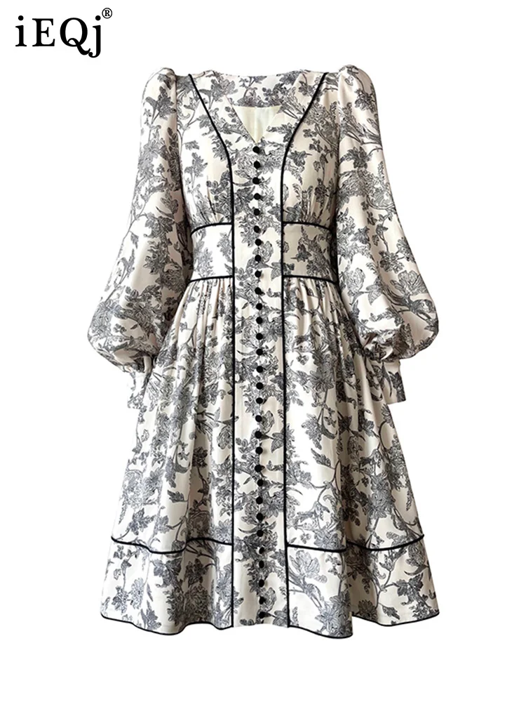 

IEQJ винтажное платье-миди с принтом на талии для женщин 2023 трендовые Весенние новые женские платья с V-образным вырезом и рукавами-фонариками на пуговицах 3W4384