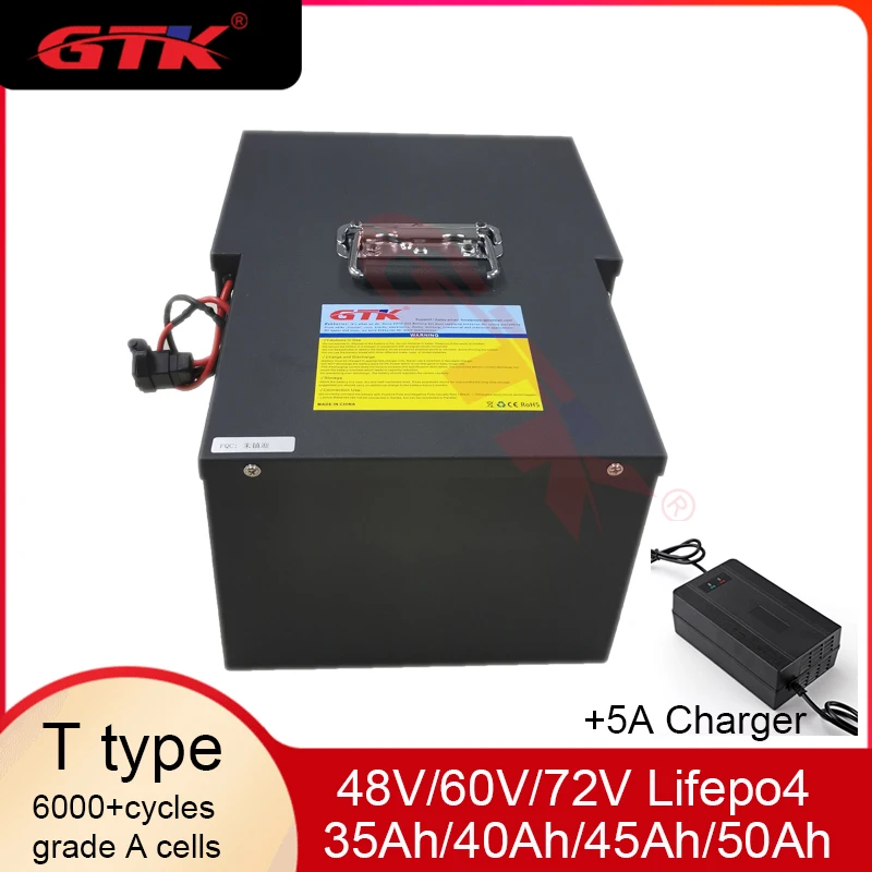 

Rechargeable T Style 48V 60V 72V 35Ah 40Ah 45Ah 50Ah Lithium Lifepo4 Battery for Scooter E-bilke Bicycles+5A Charger