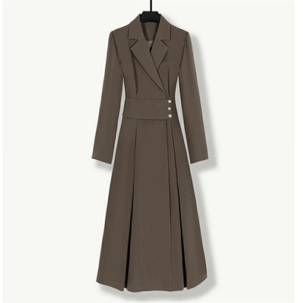 Женское плиссированное платье-рубашка средней длины с длинным рукавом и