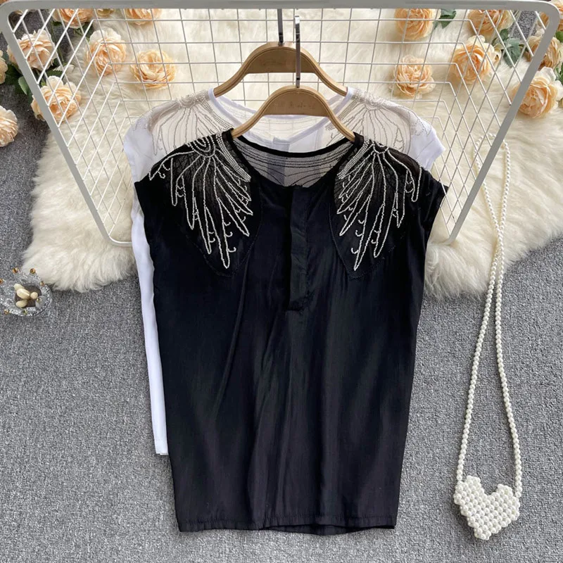 

Женская блузка без рукавов, свободная тонкая универсальная блузка с сетчатыми вставками и бусинами, лето 2022