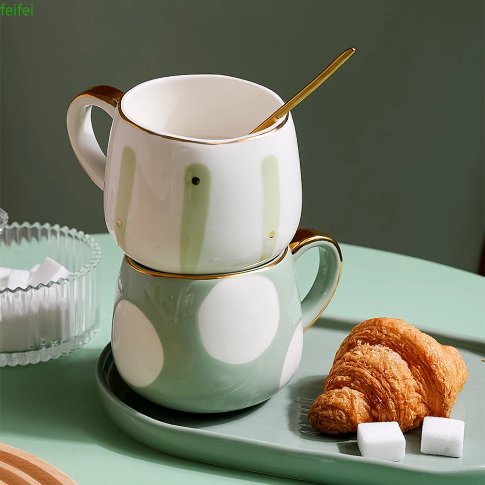 

1PC Polka Dot Round-bellied Ceramic Cup Coffee Milk Oatmeal Cup Kitchen Mug Office Water Cup Couple Child's Gift Tableware
