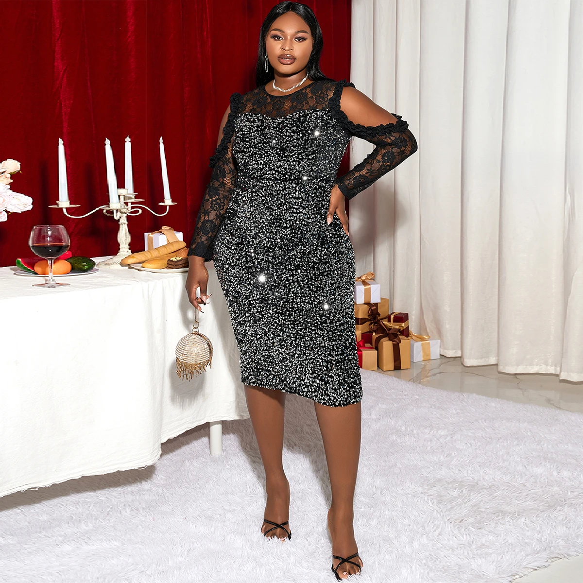 

Вечернее праздничное платье, женское черное бархатное блестящее платье-карандаш с открытыми плечами, лоскутное кружевное блестящее облегающее платье с длинным рукавом