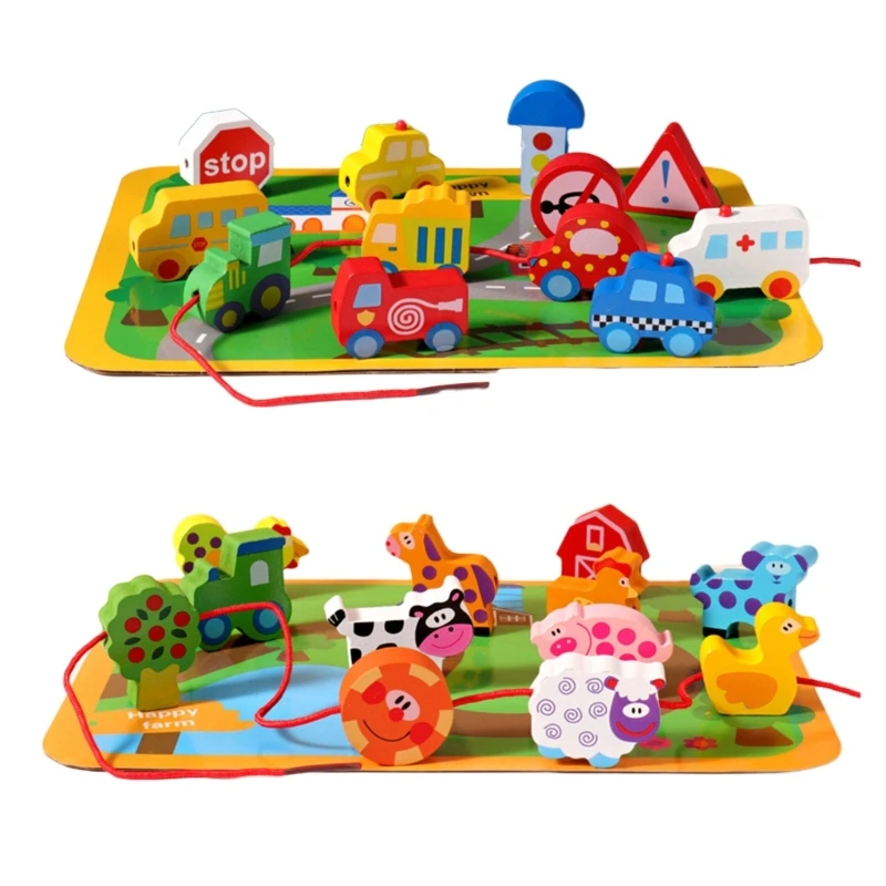 

Wooden Animal/Car Threading Toy Puzzle Board Stacking Block for Kids Hand-eye Coordination Parent-Child Interaction Toy