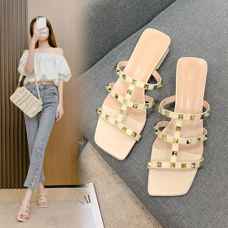

Rivets spring and autumn mid-heel half drag new summer outer wear thick heels high heels fashion sandals and slippers women