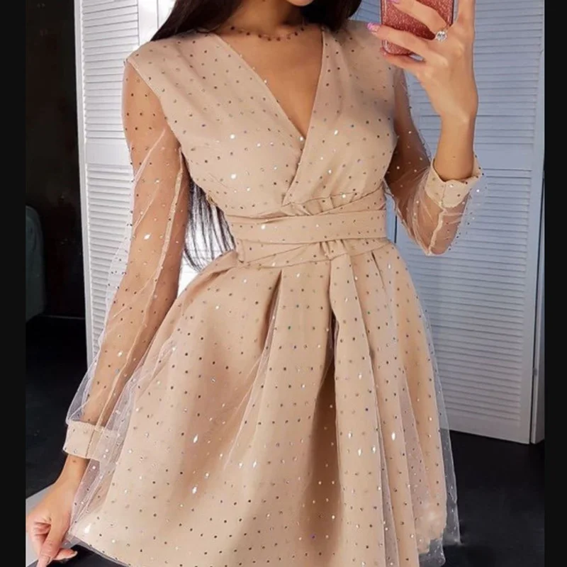 

Bohemian Wave Point Dress Women Mini Dress Double-layer Mesh 2022 New Fashion Elegant Ladies Long Lace Sleeves Gentle Princess